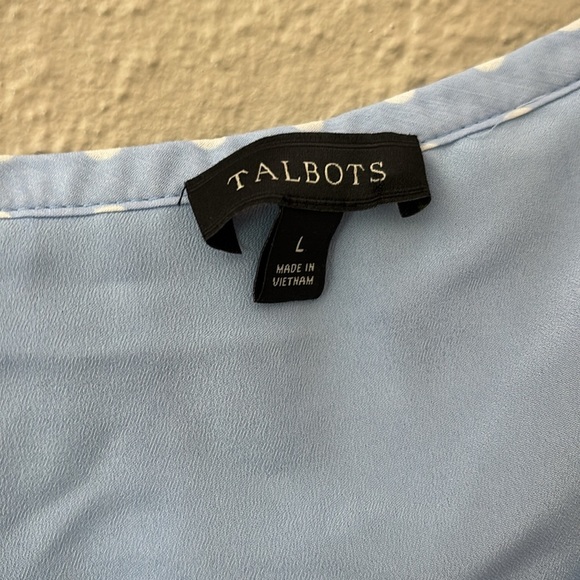 Women’s Talbots Polka Dot Blue/White Top, Large, Lined Sheer Long Sleeve - Picture 2 of 6